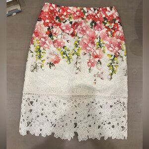 ANTONIO MELANI Red, Pink, and Green Floral Lace Pencil Skirt